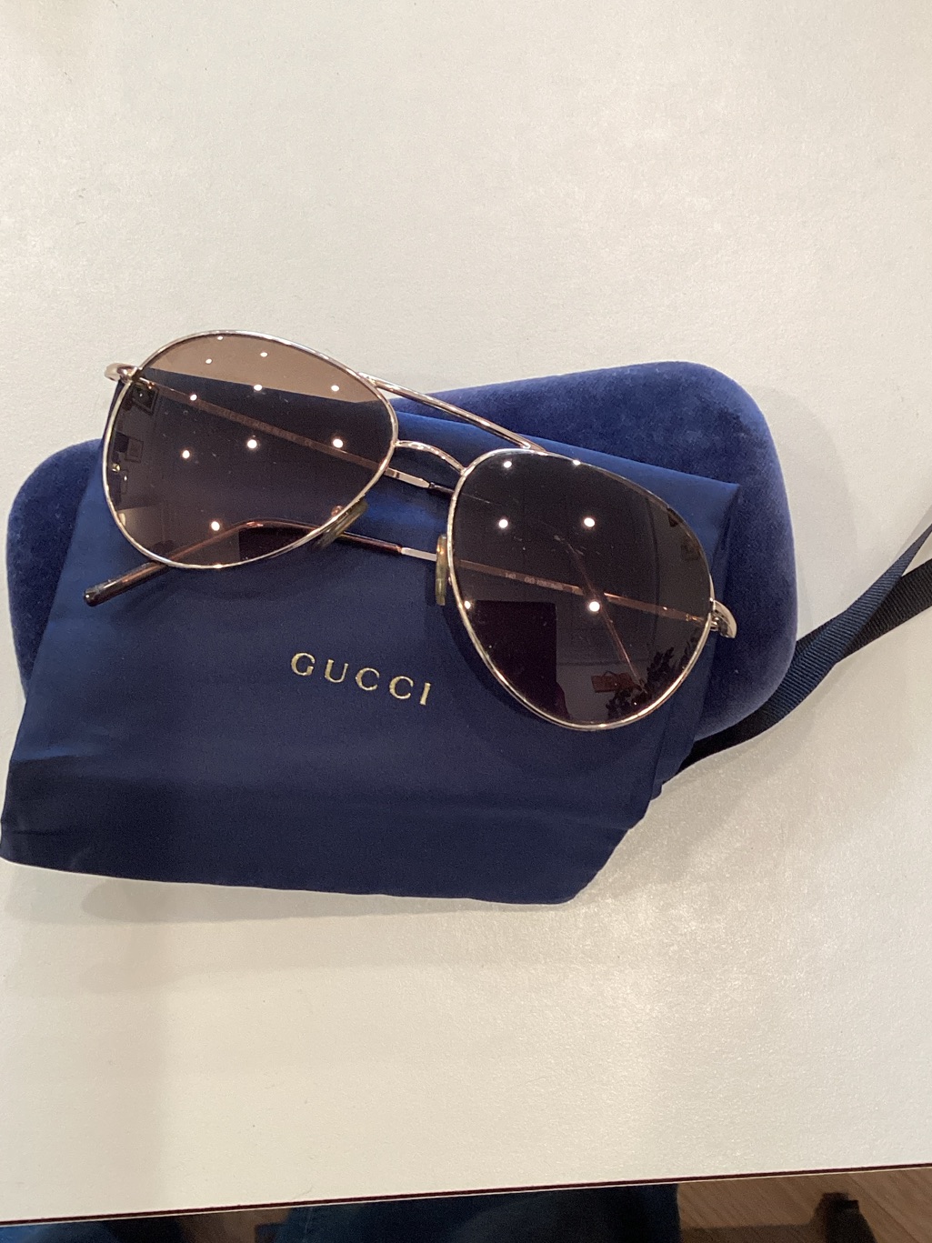Gucci Gold Aviator Sunglasses With Dark Brown Lenses
